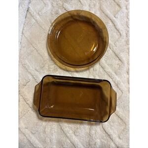 Vintage Anchor Hocking Fire King Amber Loaf Pan & Pie Plate Set Oven Proof